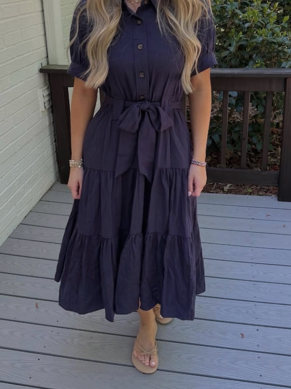 Women's Navy Tiered Button-Front Midi Dress with Waist Tie size M pockets 🇺🇸🇺🇸⚓️